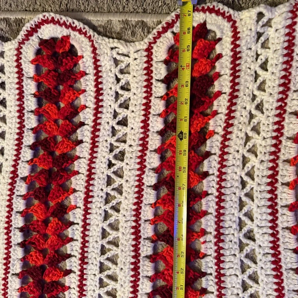 Handmade Crochet Throw Blanket - Cream and Red